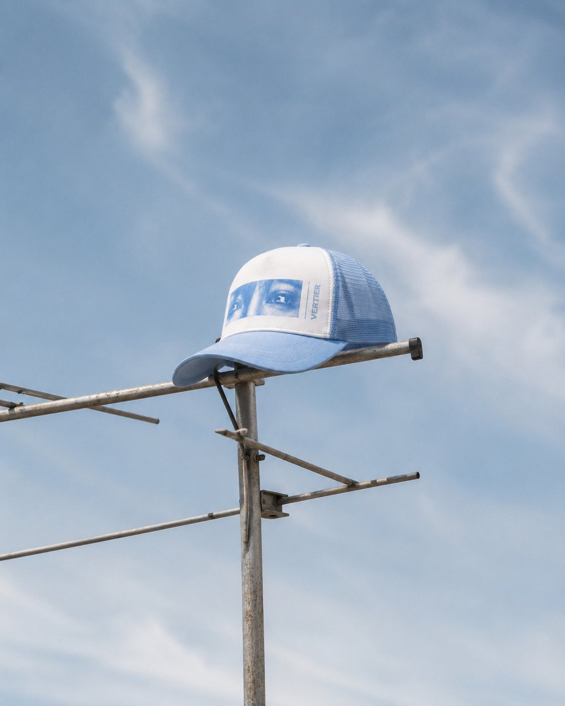 Tamagotchi Trucker Hat worn over a balaclava, blue and white mesh with the eyes panel alternate view 7