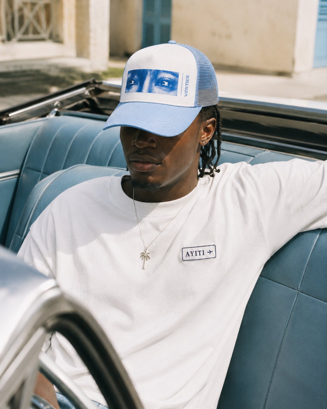 Tamagotchi Trucker Hat worn over a balaclava, blue and white mesh with the eyes panel alternate view 13