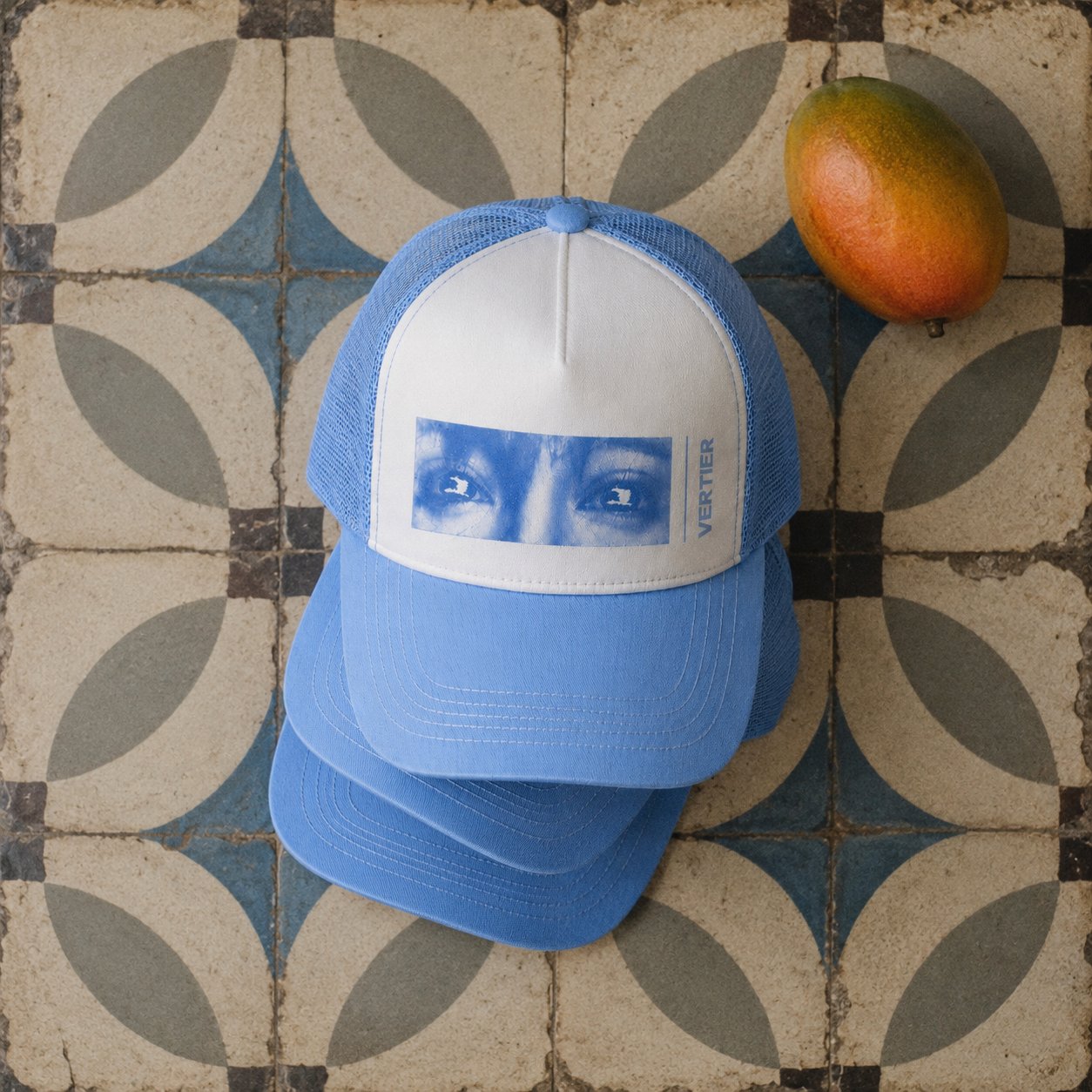 Tamagotchi Trucker Hat worn over a balaclava, blue and white mesh with the eyes panel alternate view 9