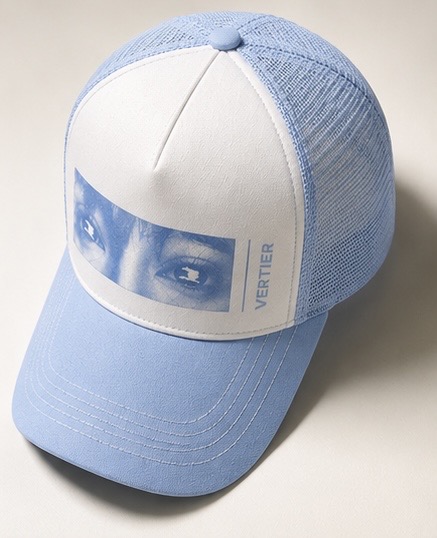 Tamagotchi Trucker Hat worn over a balaclava, blue and white mesh with the eyes panel alternate view 2
