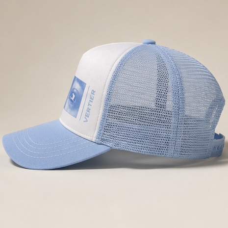 Tamagotchi Trucker Hat worn over a balaclava, blue and white mesh with the eyes panel alternate view 4