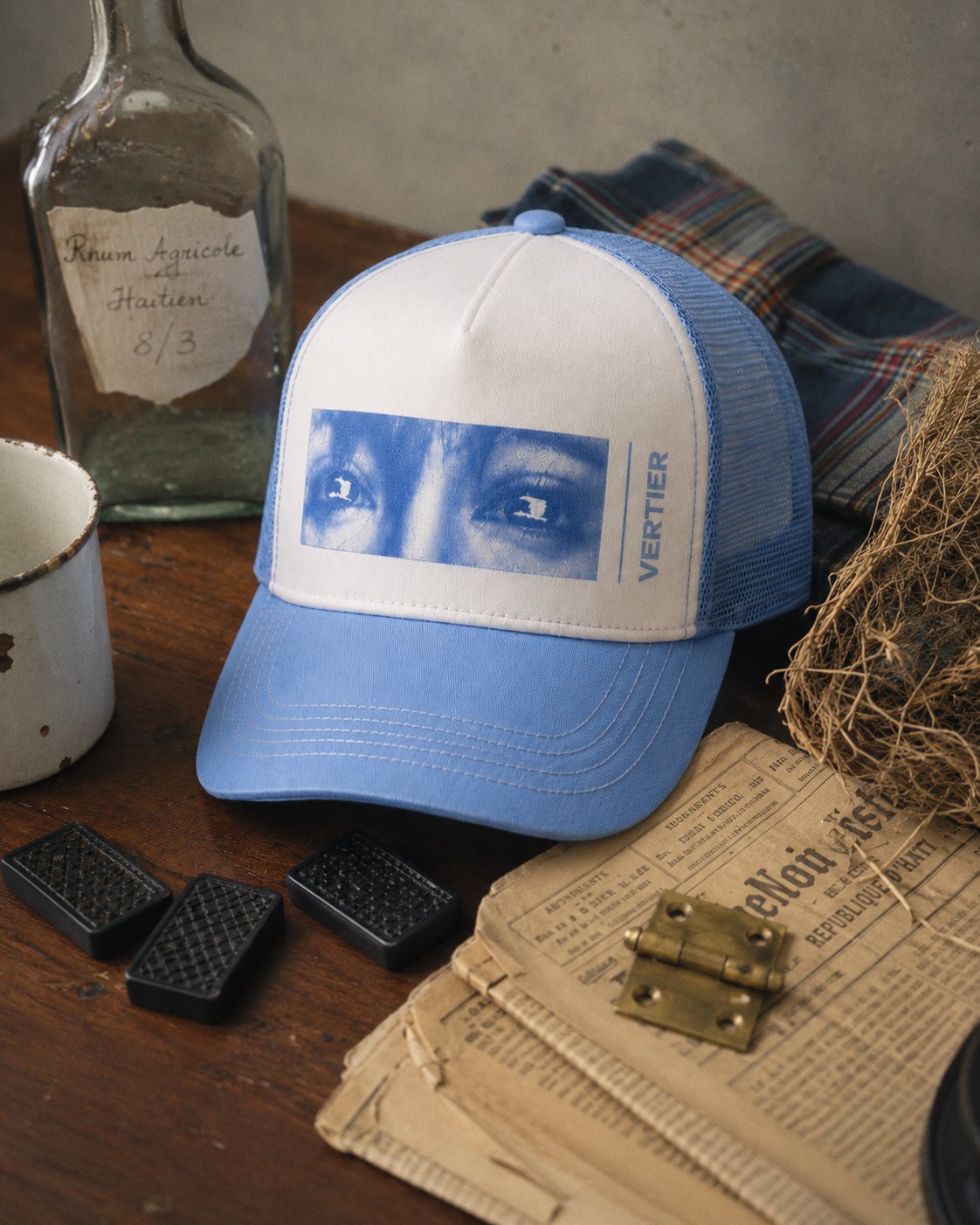 Tamagotchi Trucker Hat worn over a balaclava, blue and white mesh with the eyes panel alternate view 12