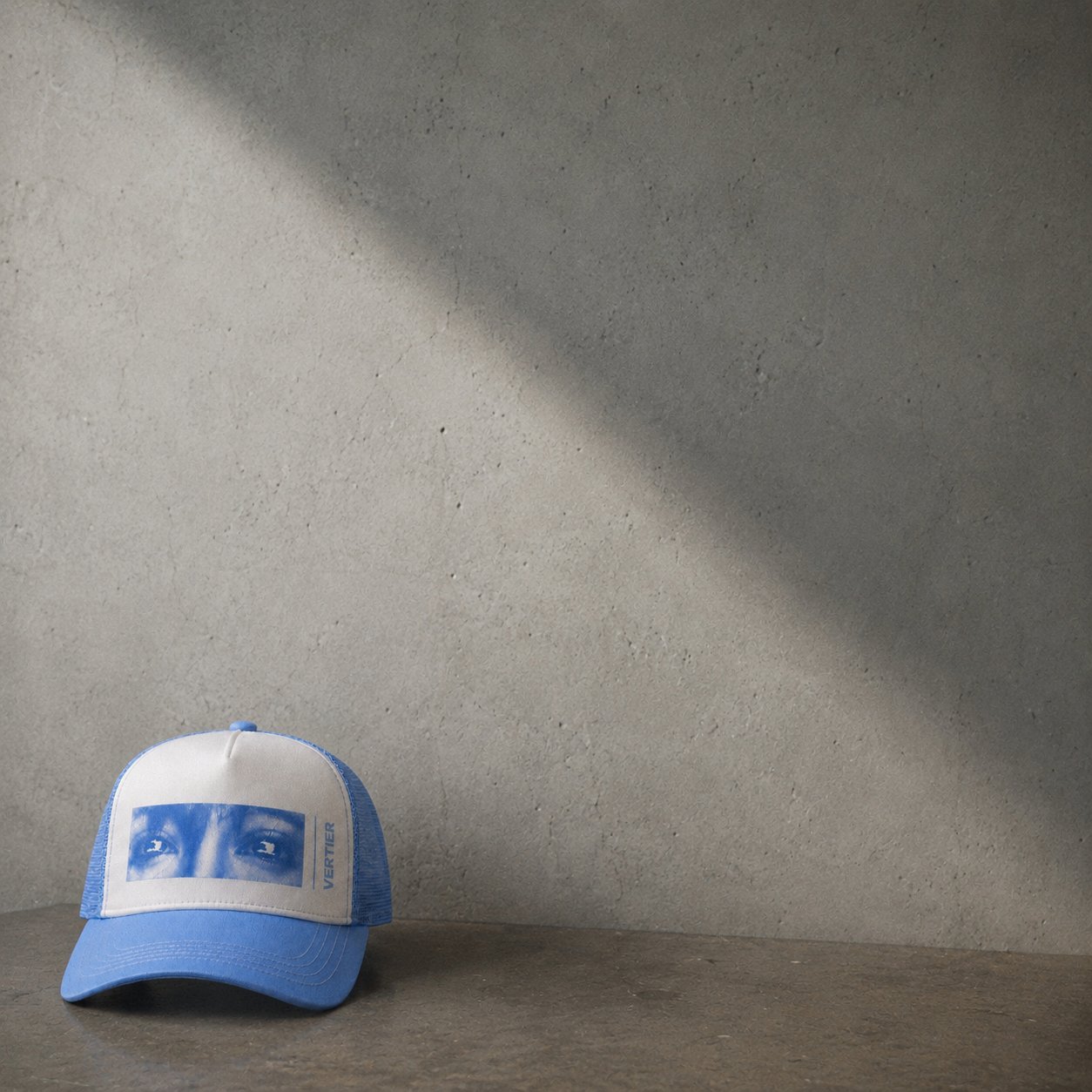 Tamagotchi Trucker Hat worn over a balaclava, blue and white mesh with the eyes panel alternate view 8