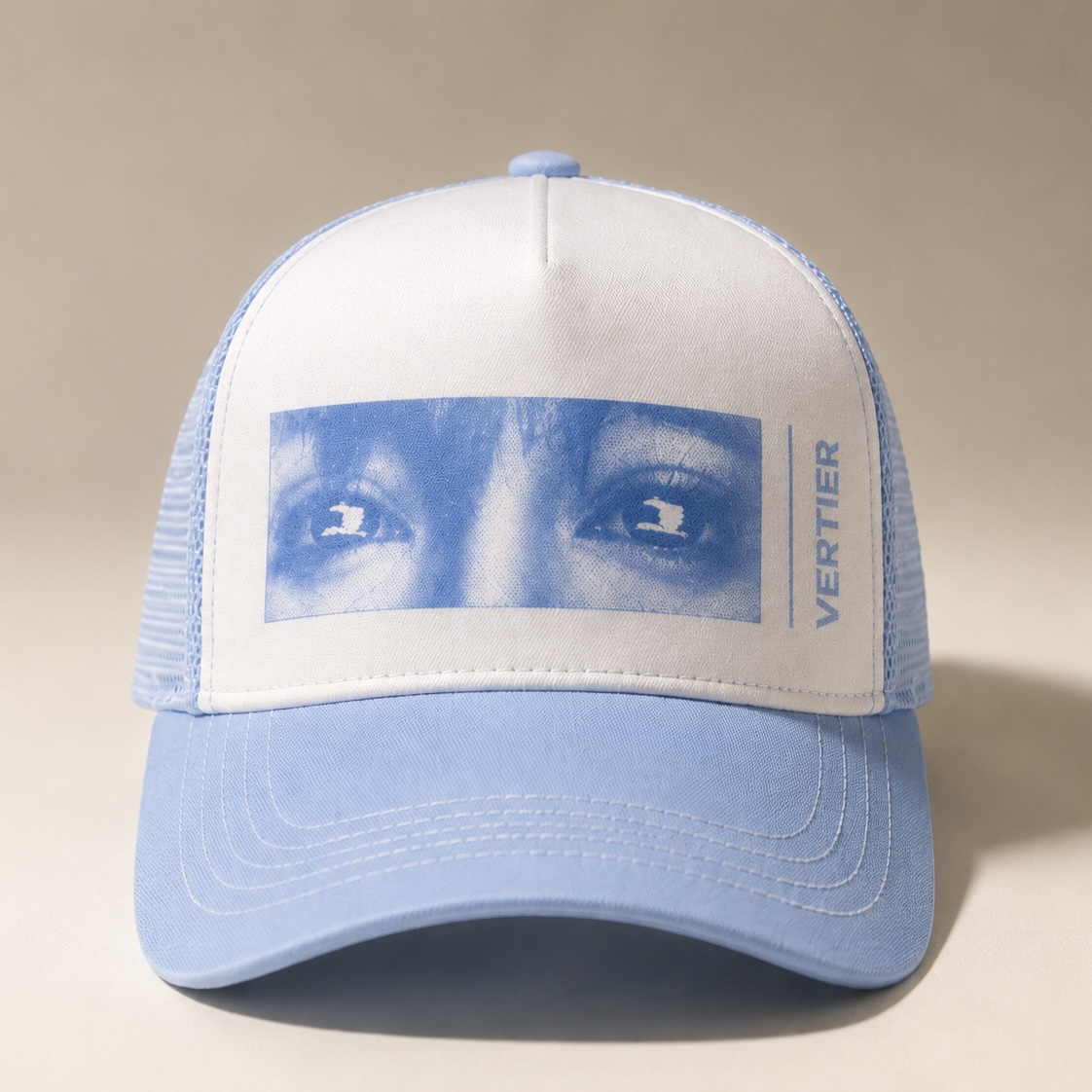 Tamagotchi Trucker Hat worn over a balaclava, blue and white mesh with the eyes panel alternate view 3