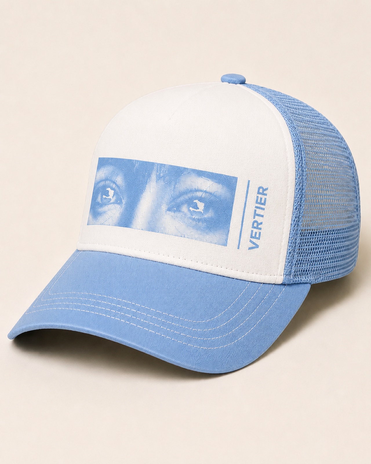 Tamagotchi Trucker Hat worn over a balaclava, blue and white mesh with the eyes panel alternate view 6