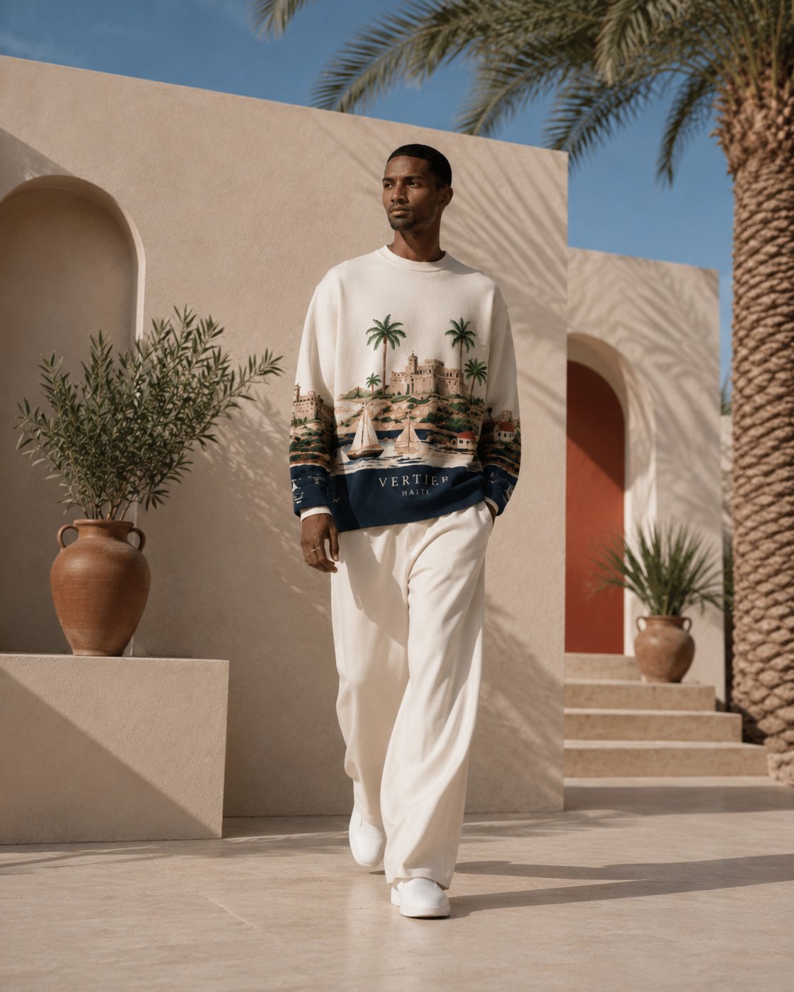 Model in the printed knit walking through an archway
