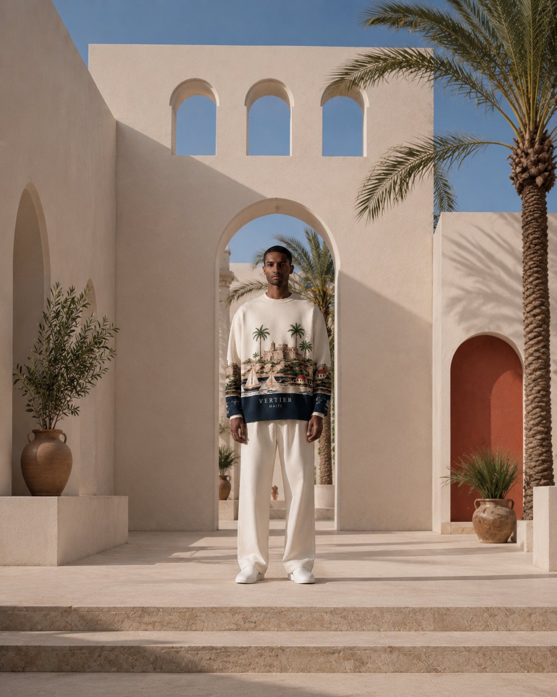 Model in the printed knit beneath an arched walkway