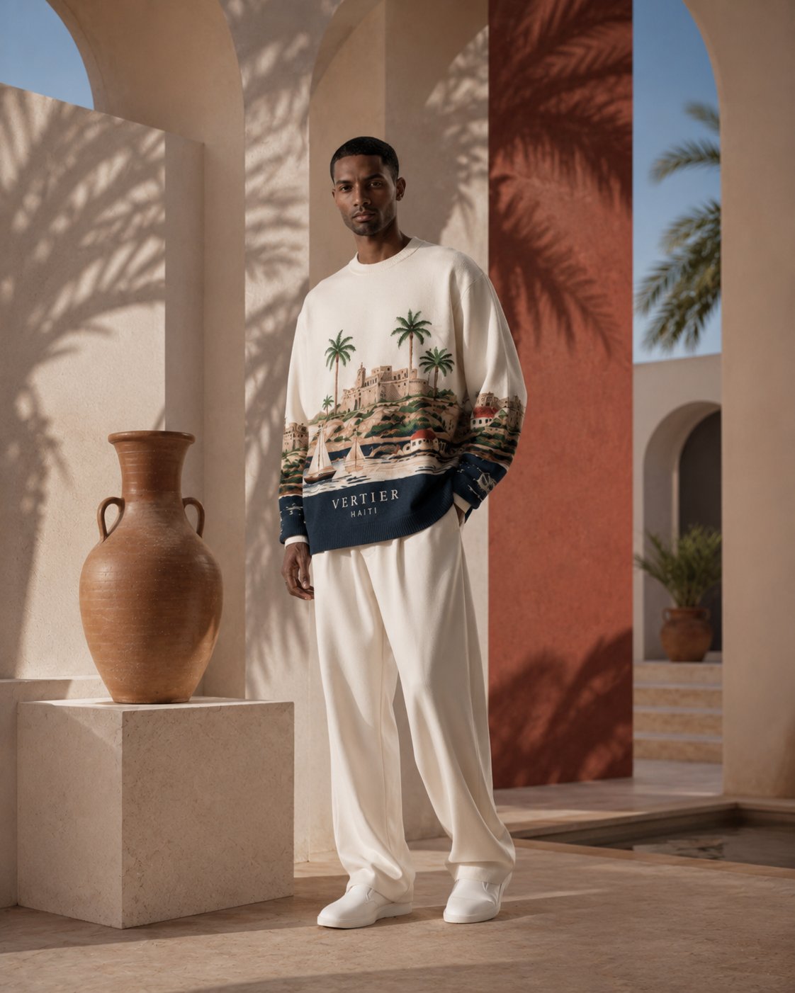 Model in the printed knit beside a terracotta courtyard