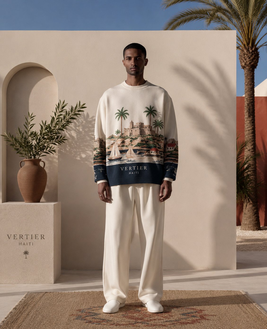 Model in the printed knit under a colonnade