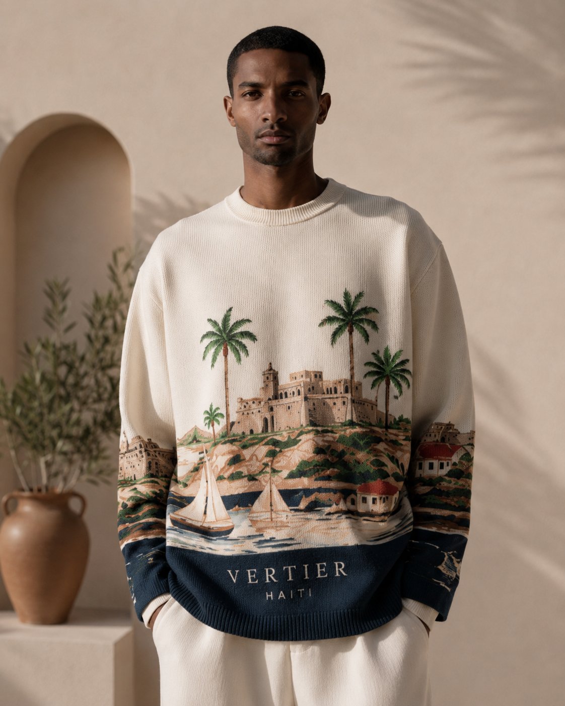 Model in the printed knit against sunlit archways
