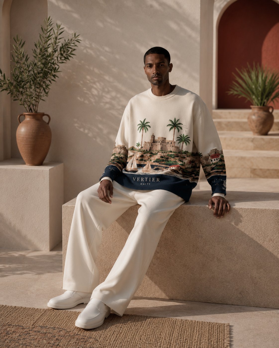 Model in the printed knit seated on a stone ledge