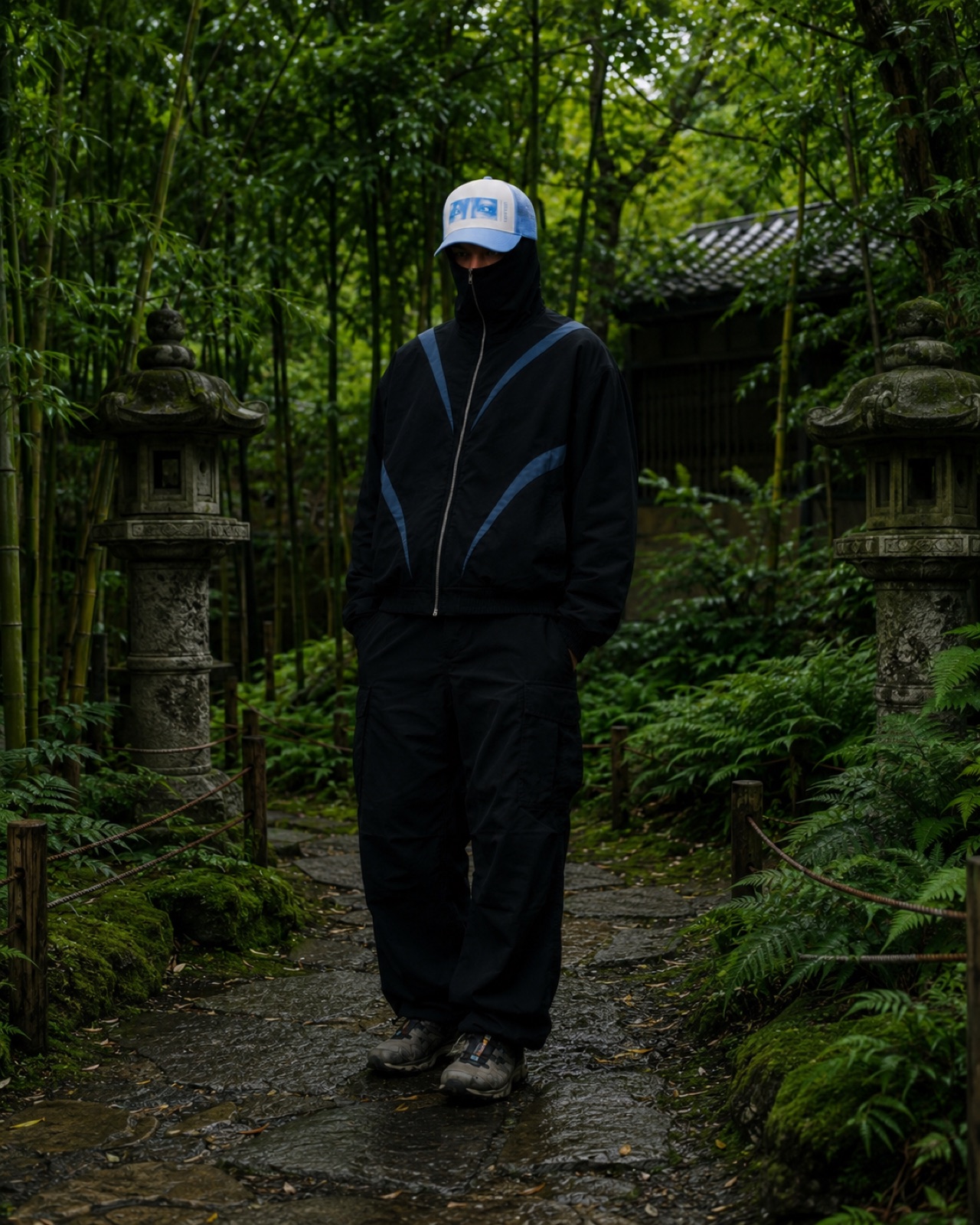 Model in the black palm track jacket on a garden path