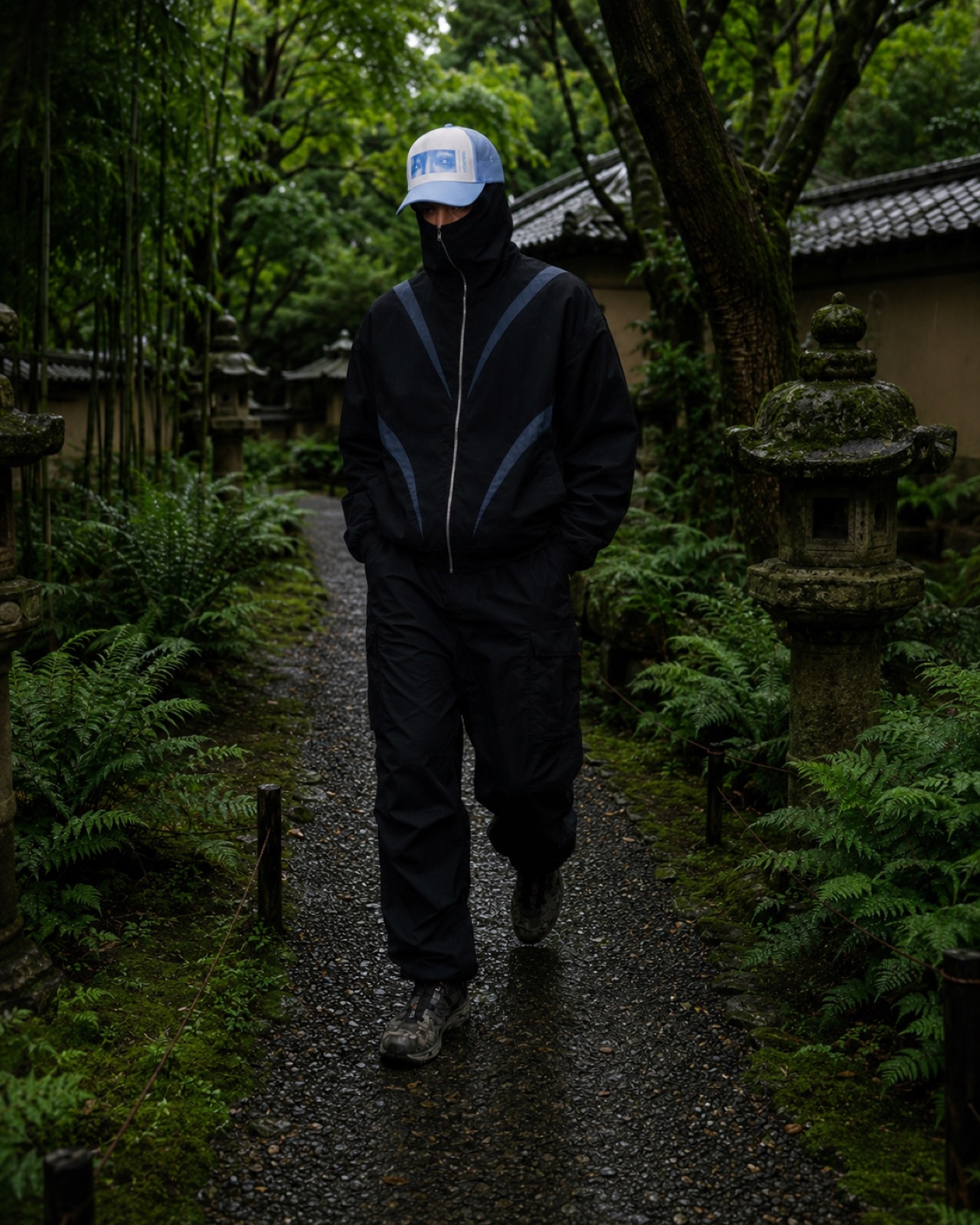 Model walking a stone path between stone lanterns
