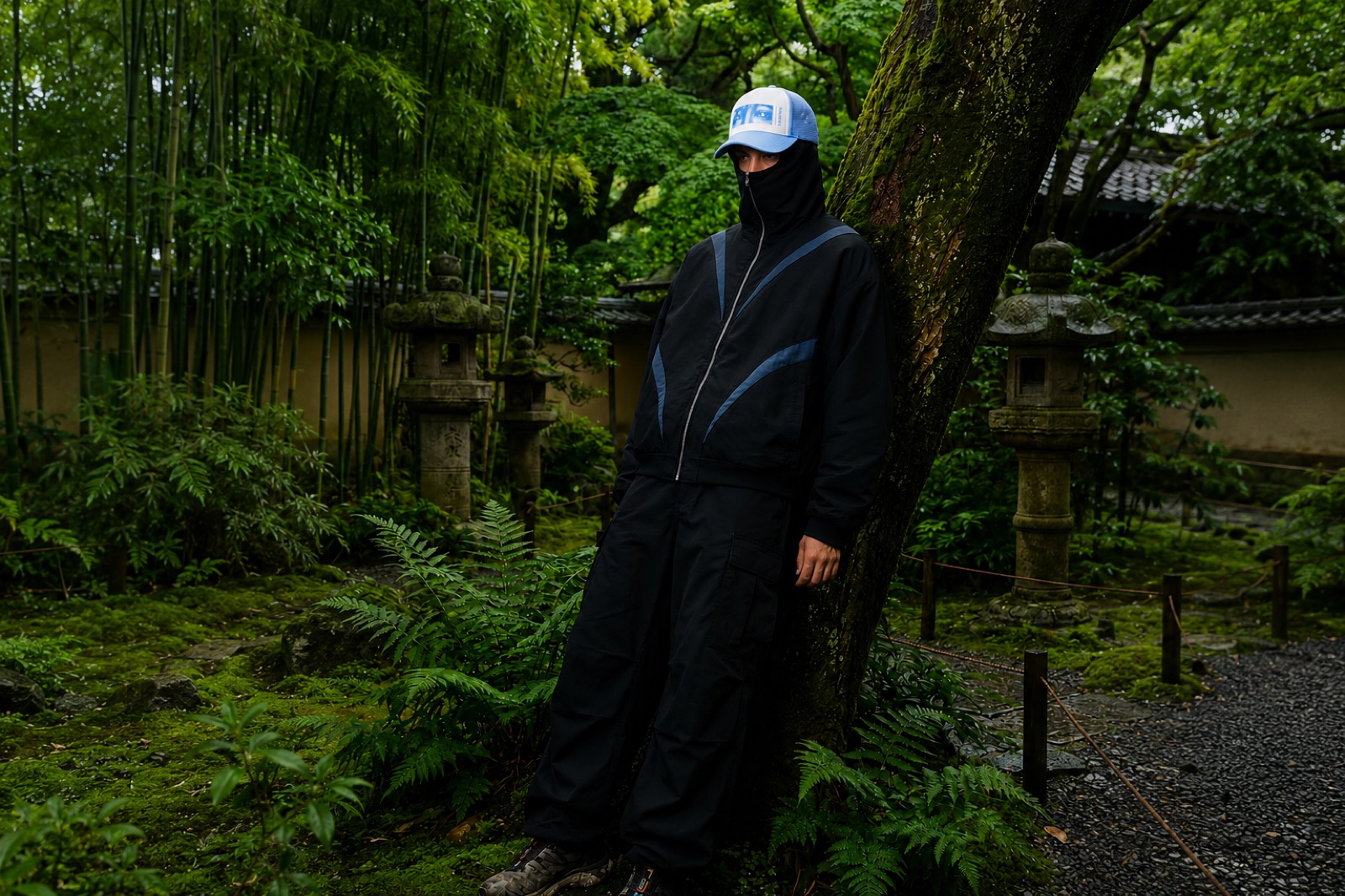 Wide view of the track jacket beneath a garden tree