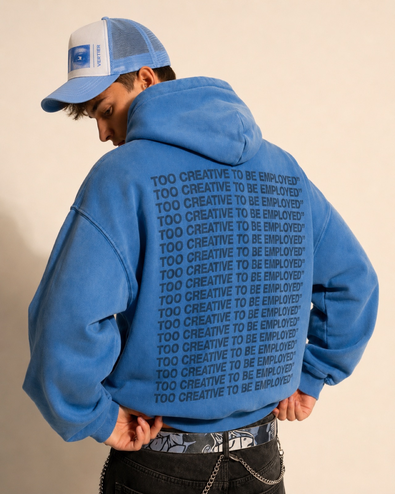 Back of the blue Too Creative To Be Employed hoodie