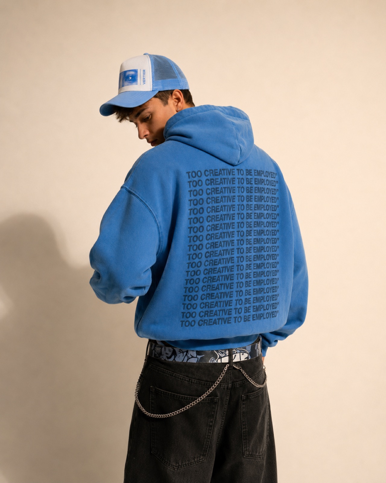 Back of the blue hoodie, repeated text print