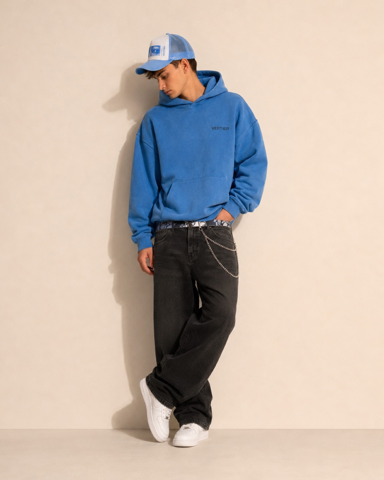 Full-length look in the blue hoodie